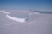 Ekstrom Iceshelf and the floe edge as the sea ice thaws in summer. Weddell Sea Antarctica.