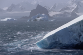 Waves lash at grounded icebergs on a wild day in the lee of Laurie Island. St Orkney Is. Antarctica