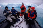 Passengers enjoy a zodiac ride around icebergs close to Pleneau Island. Antarctica