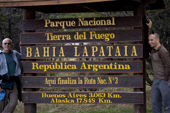 National park sign at Bahia Lapataia, Tierra del Fuego National Park. Argentina