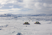 Aerial view of the safety tents and passengers walking to the Emperor Penguin Colony at Snow Hill Island. Antarctica