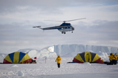 Russian Mi-2 helicopter by the safety tents at Snow Hill Island. Antarctica