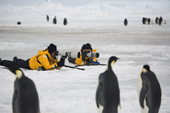 Photographers with long lenses and tripods photograph Emperor Penguins at Snow Hill Island. Antarctica.