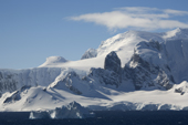Icebergs and dramatic mountains in the Gerlache Strait. Antarctic Peninsula