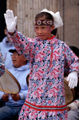 Yupik girl dances to drums with traditional local group Uelen. Chukotka. Siberia. Russia. 1997