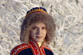 A Sami woman wearing a replica of traditional Kola Peninsula Sami hat. Sami Culture Centre, Lovozero. Murmansk, NW Russia. 2005