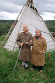 Fyorkla Chaporova (left), an 82 year old Sami woman with her younger sister, Paulina (80), from the village of Shongui. Kola Peninsula, NW Russia. 2005