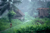 Mentawai boy and Matotonan village in mist. Siberut. Indonesia.