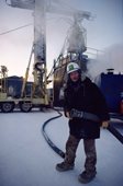 Oil worker well wrapped up, at BP's oil field, Prudhoe Bay, Alaska. 1989