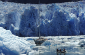 Yacht & Zodiac amongst the small icebergs by the Sawyer Glacier.Tracey Arm.SE Alaska. 1997