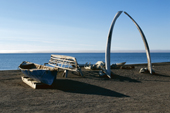 Jawbones of a Bowhead Whale form the Archway. Umiaks beside it. Barrow. N.Alaska. 1997