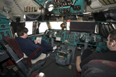 Pilots on the flight deck of the Ilyushin 76 on its way to Antarctica