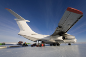 Ilyushin 76 is unloaded on the parking ramp to the Blue Ice runway at Patriot Hills, the base of ALE in Antarctica