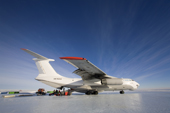 Ilyushin 76 TD, a 4 engined cargo plane, is unloaded on the parking ramp to the Blue Ice runway at Patriot Hills, the base of ALE in Antarctica