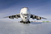 Ilyushin 76 TD, a 4 engined cargo plane, is unloaded on the parking ramp to the Blue Ice runway at Patriot Hills, the base of ALE in Antarctica