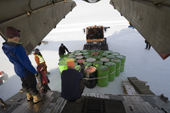 Ilyushin 76 TD, a 4 engined cargo plane, is loaded with empty fuel drums for its return flight from Patriot Hills, Antarctica