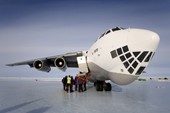 Ilyushin 76 TD, a 4 engined cargo plane, with departing tourists on the Blue Ice runway at Patriot Hills, the base of ALE in Antarctica