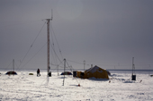 The Radio tent and mast at Patriot Hills camp in dramatic light. Antarctica