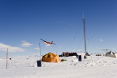 Two Twin Otters fly over the Radio tent at the Patriot Hills Camp. Antarctica
