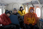 Jacob, Cedric, Margot & Denise in a twin otter on the way to the start of the 'Last Degree' skiing to the South Pole. Antarctica