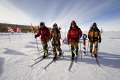 Norwegian group, Living the Dream, skied unsupported from Hercules Inlet to the South Pole. ski past the Ceremonial Pole. Antarctica