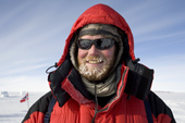 Member of Norwegian group, Living the Dream, skied unsupported from Hercules Inlet to the South Pole. he is iced up from the cold. Antarctica