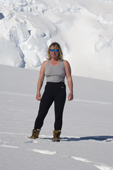 Mountain Guide Heather demonstrates clothing layers at Mount Vinson Base Camp. Vinson Massif, Antarctica