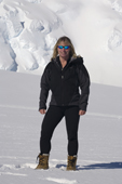 Mountain Guide Heather demonstrates clothing layers (mid layer) at Mount Vinson Base Camp. Vinson Massif, Antarctica