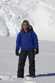 Mountain Guide Heather demonstrates clothing layers (outer mid layer) at Mount Vinson Base Camp. Vinson Massif, Antarctica