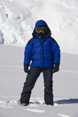 Mountain Guide Heather demonstrates clothing layers (outer layers) at Mount Vinson Base Camp. Vinson Massif, Antarctica