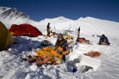 Norwegian mountaineers prepare for their climb at Mount Vinson Base Camp. Vinson Massif, Antarctica