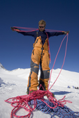 Norwegian mountaineer prepares the ropes for his climb at Mount Vinson Base Camp. Vinson Massif, Antarctica