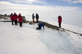 Visitors to the Patriot Hills Moraines, study the formations in the icy pools. Antarctica