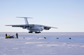 Ilyushin 76 approaching the threshold on the Blue Ice Runway as it lands at Patriot Hills. Antarctica
