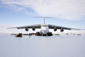 Ilyushin 76TD, a Russian cargo plane on the Blue Ice Runway at Patriot Hills where it it is swiftly unloaded. Antarctica