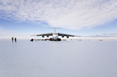 Ilyushin 76TD, a Russian cargo plane on the Blue Ice Runway at Patriot Hills where it it is swiftly unloaded. Antarctica