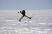 Ronni has a moment of excitement while Ski-sailing in a good wind at Patriot Hills. Antarctica