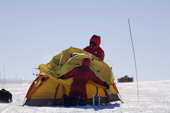 Putting up a mountain tent in a high wind. Patriot Hills. Antarctica