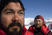 Portrait of Luis and Pato at Patriot Hills in ALE red jackets. Antarctic Tourism