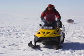 Neil rides skidoo to look for crevasses ahead of the Chilean Scientists Traverse to the Ellsworth Lakes. Antarctica