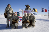 Menbers of the Numis Polar Challenge. S.Dalglish, J. Daly, R.Weatherby, E. Farquhar & Guide, G.Sommers. at the Ceremonial South Pole. Antarctica