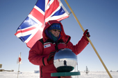 David with the Union Jack at the Ceremonial South Pole. Antarctica