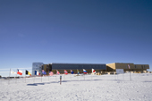 The Flags of Nations at the Ceremonial South Pole, the Geographic Pole & the New Building. Antarctica