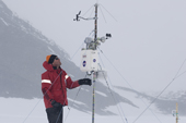 Weatherman checks the weather station by the Blue Ice runway. Patriot Hills. Antarctica