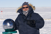 Photographer Cherry Alexander at the Ceremonial South Pole, Antarctica