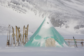 Pyramid tent and equipment of the Numis Polar Challenge team who retraced Scott's route using similar equipment. Patriot Hills. Antarctica