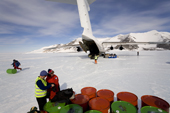 Unloading fuel from the Ilyushin 76TD on the Blue Ice Runway at Patriot Hills. Antarctica