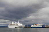 Contrasting styles of cruise ships along the Harbour in Ushuaia, the large Discovery and the small Ocean Nova. Argentina