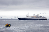 A zodiac full of yellow jacketed tourists returns to the Clipper Adventurer from a landing on Trinity Island. Antarctica.