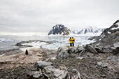 Visitors and Gentoo Penguin within the landscape at Port Charcot, Booth Island. Antarctica
